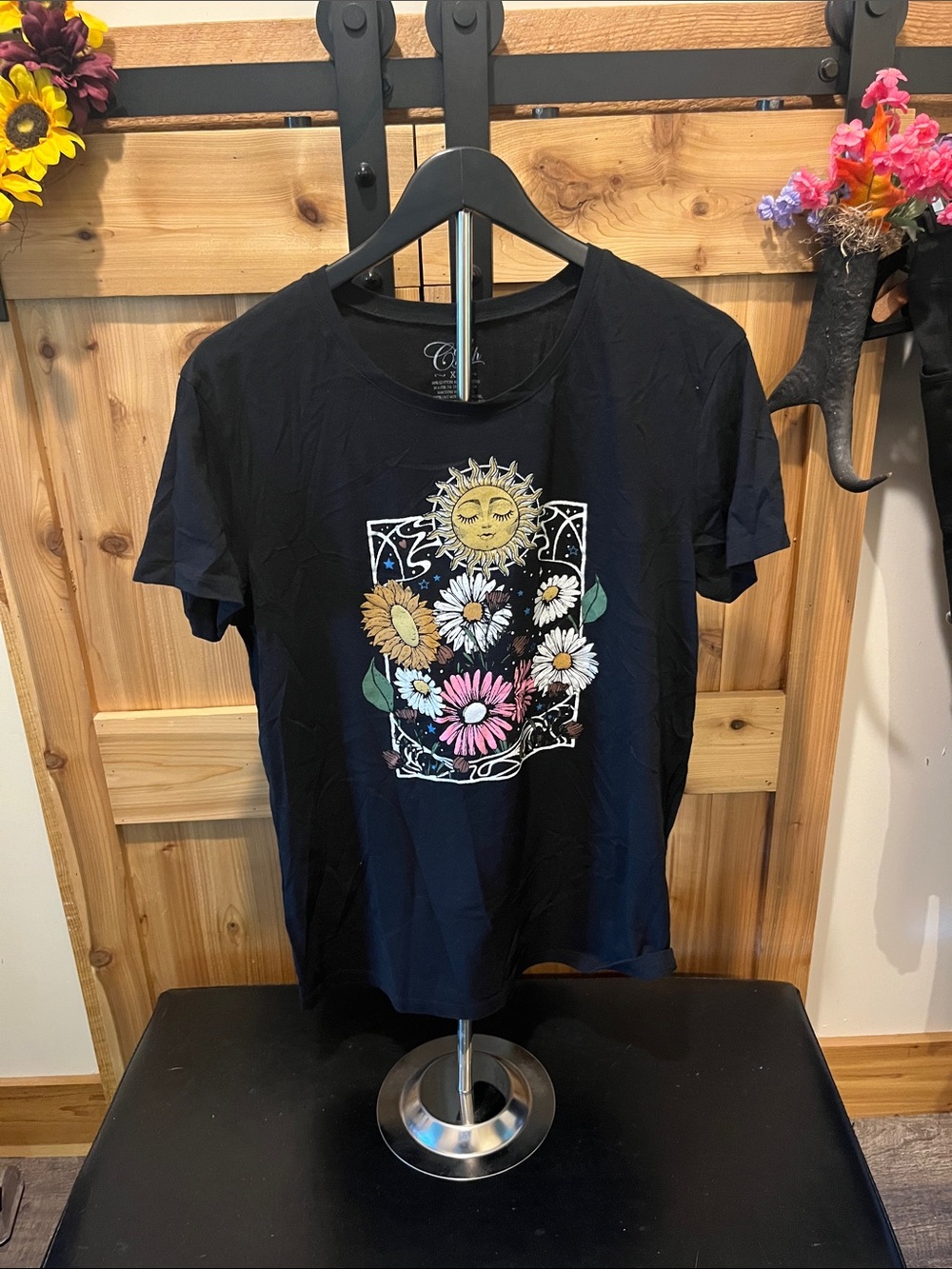 Cold Crush Black Short Sleeve Tee with Sun & Floral Graphic
